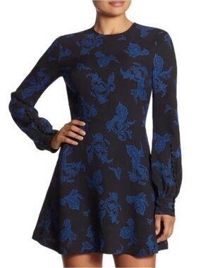 A.L.C. Black Long-Sleeve Fit & Flare Dress with Blue Paisley 100% silk
